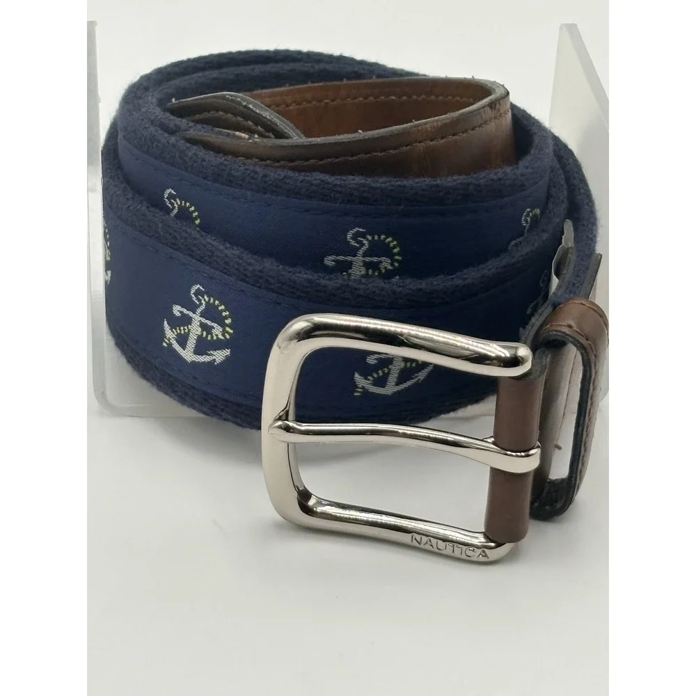 Nautica Belt Mens 38 Navy Anchor Leather Brown Nautical Preppy Vintage